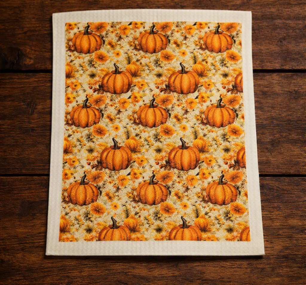 Reusable Swedish Dishcloth – Pumpkin & Floral Autumn Design (6–9 Month Use)