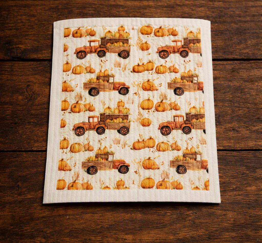 Reusable Swedish Dishcloth – Vintage Truck & Pumpkin Design (6–9 Month Use)