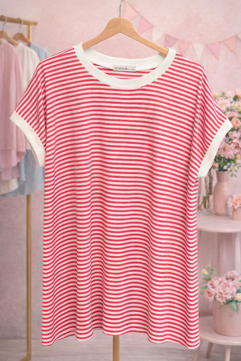 Zenana Women’s 3X Pink Striped Cotton‑Spandex Tee – Soft Stretch Short Sleeve Top