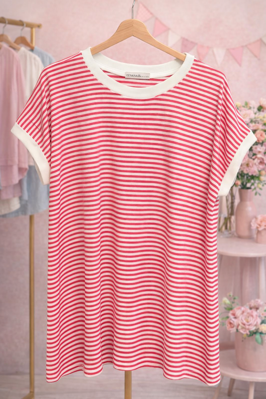 Zenana Women’s 3X Pink Striped Cotton‑Spandex Tee – Soft Stretch Short Sleeve Top