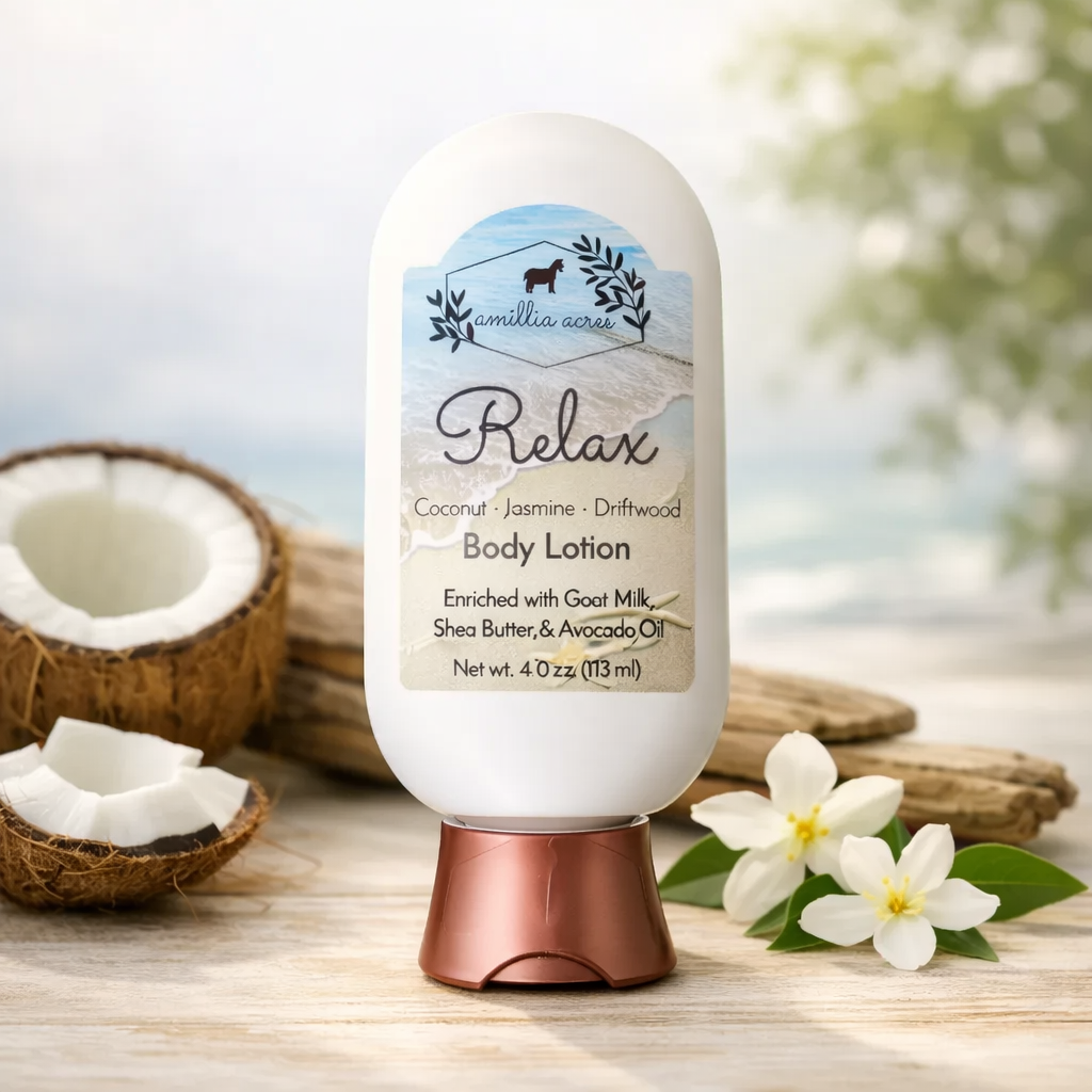 Body Lotion – Coconut Jasmine Driftwood Goat Milk Lotion for Soft, Hydrated Skin (4 oz)