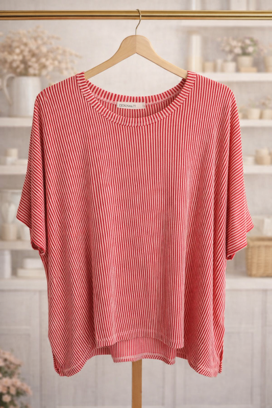 Zenana Women’s L/XL Striped Ribbed Knit Top – Soft Stretch Short Sleeve Tee