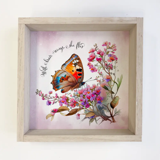 “With Brave Wings” Butterfly Canvas Art – Rustic Wood Box Frame (11x11)