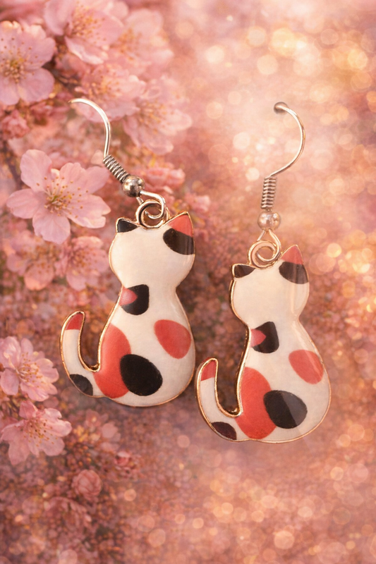 Calico Cat Earrings – Orange & Black Cat Dangle Earrings with Hypoallergenic Hooks, Gift for Cat Lovers