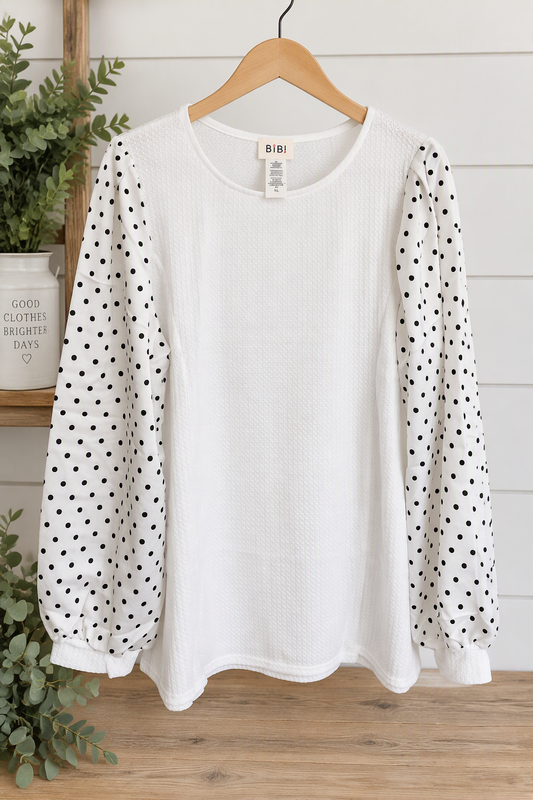 BiBi White Waffle Knit Top with Polka Dot Balloon Sleeves | Size XL