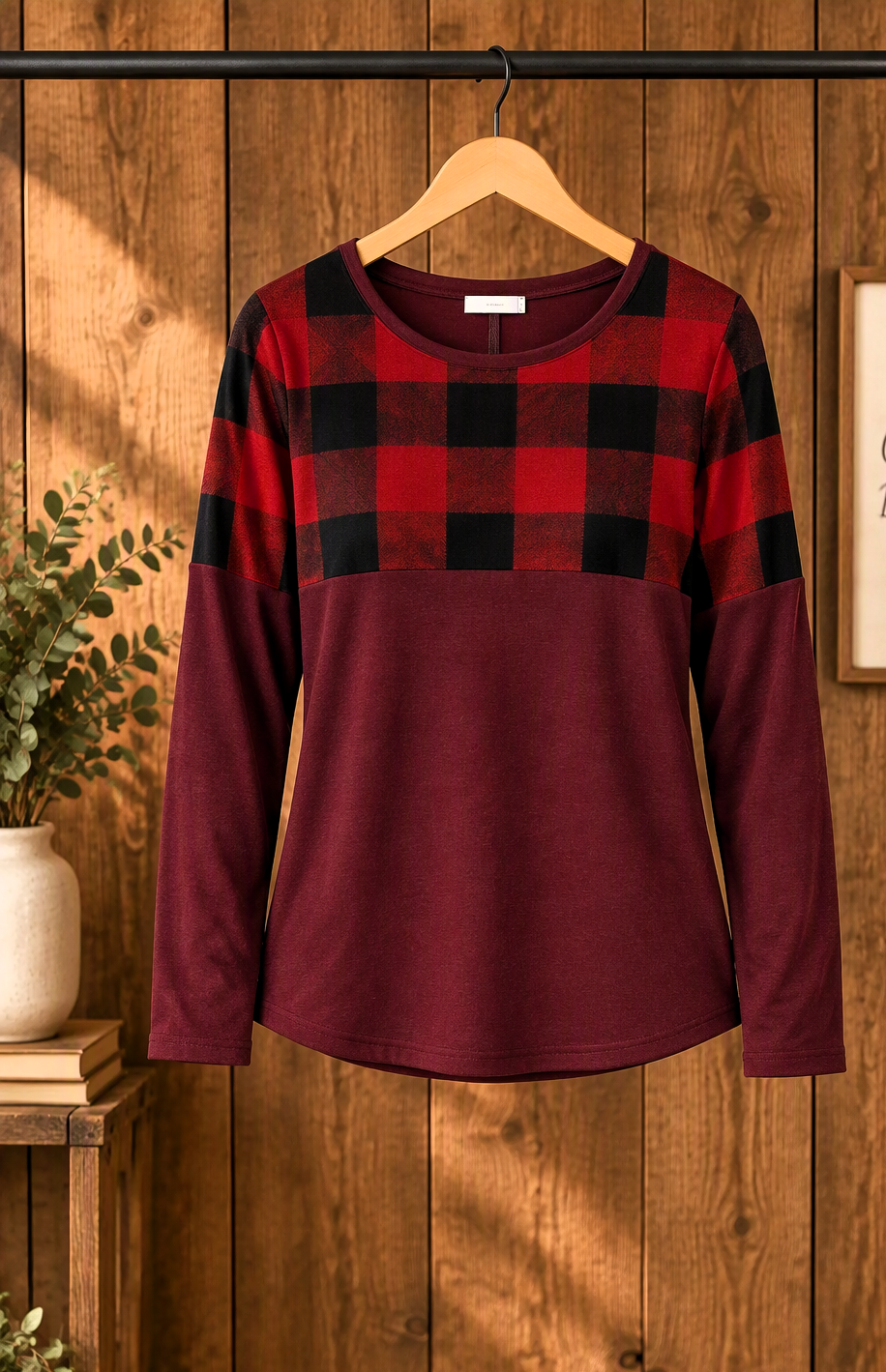 Zenana Buffalo Plaid Color Block Long Sleeve Top | XL