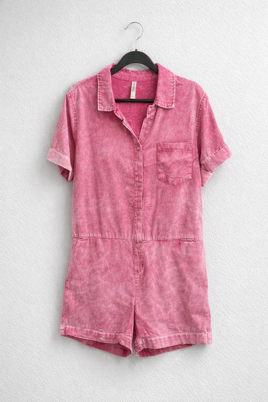 Zenana Fuchsia Acid‑Wash Romper – Women’s Size Large Casual Button‑Up One‑Piece