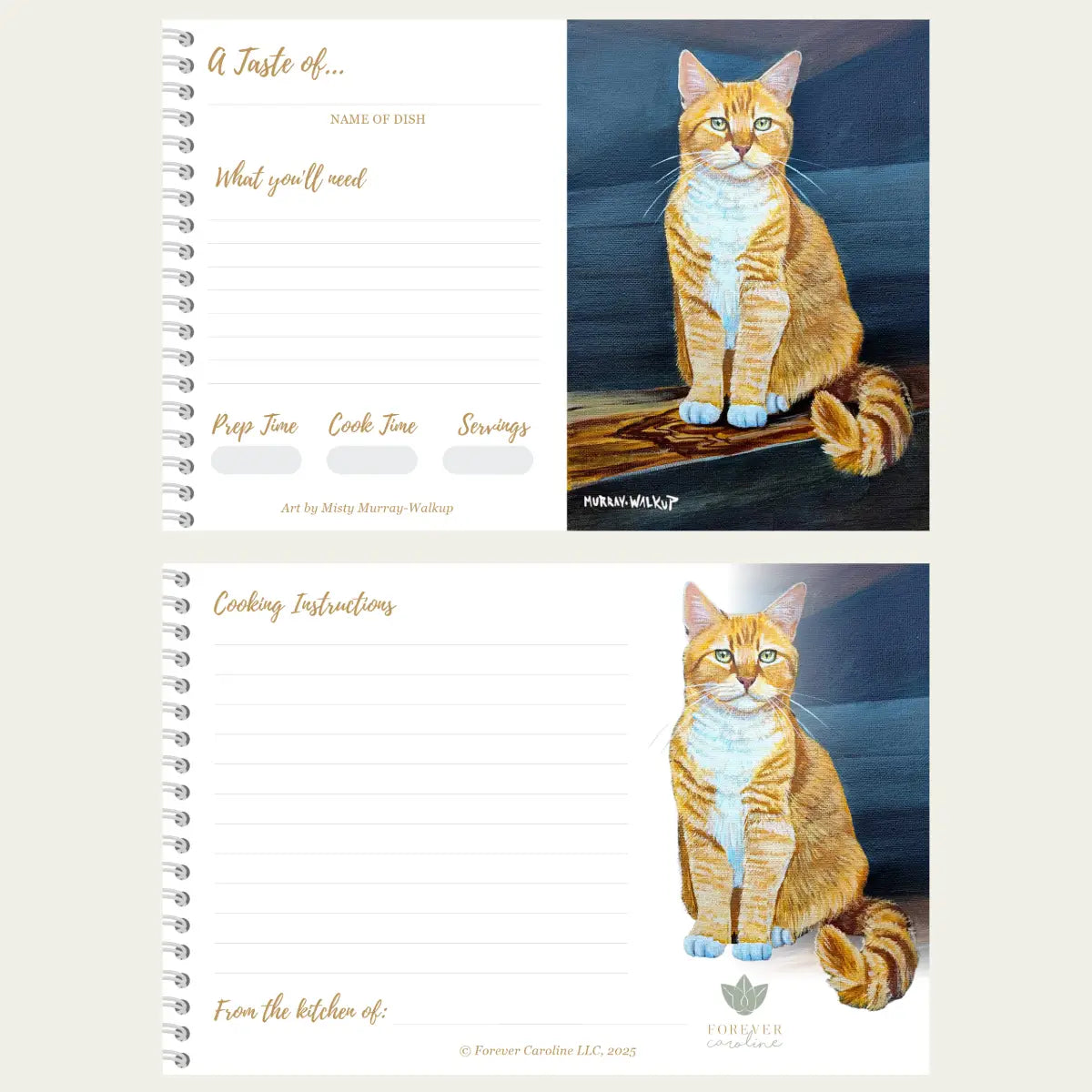 Cat Recipe Card Set – 8 Blank Cards, Orange/Yellow Cat Artwork, Made in the USA