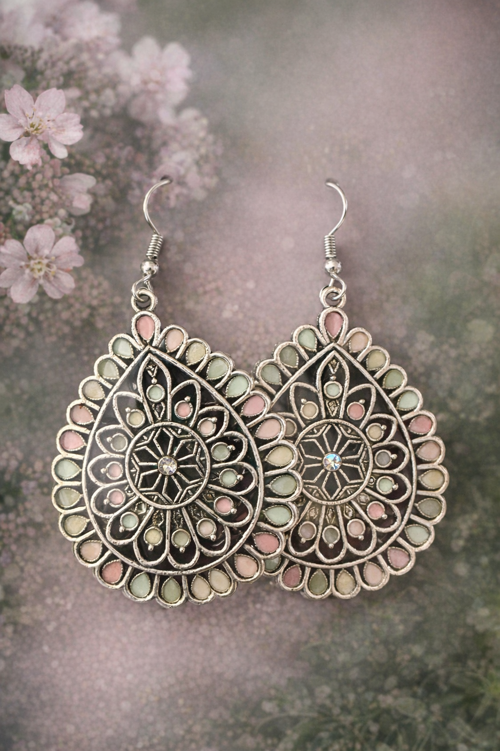 Pastel Mandala Teardrop Earrings – Boho Rhinestone Teardrops with .925 Sterling Silver Hooks