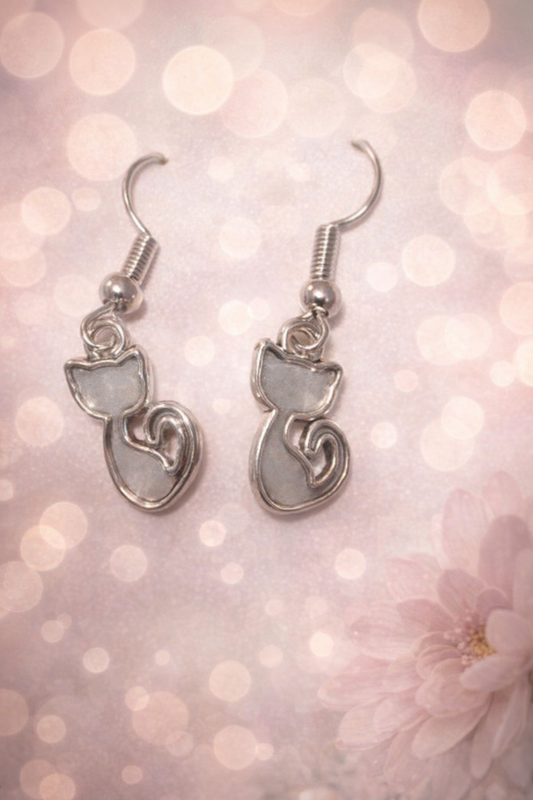 Silver Cat Earrings – Curled Tail Kitty Dangle Earrings with Hypoallergenic Hooks, Gift for Cat Lovers