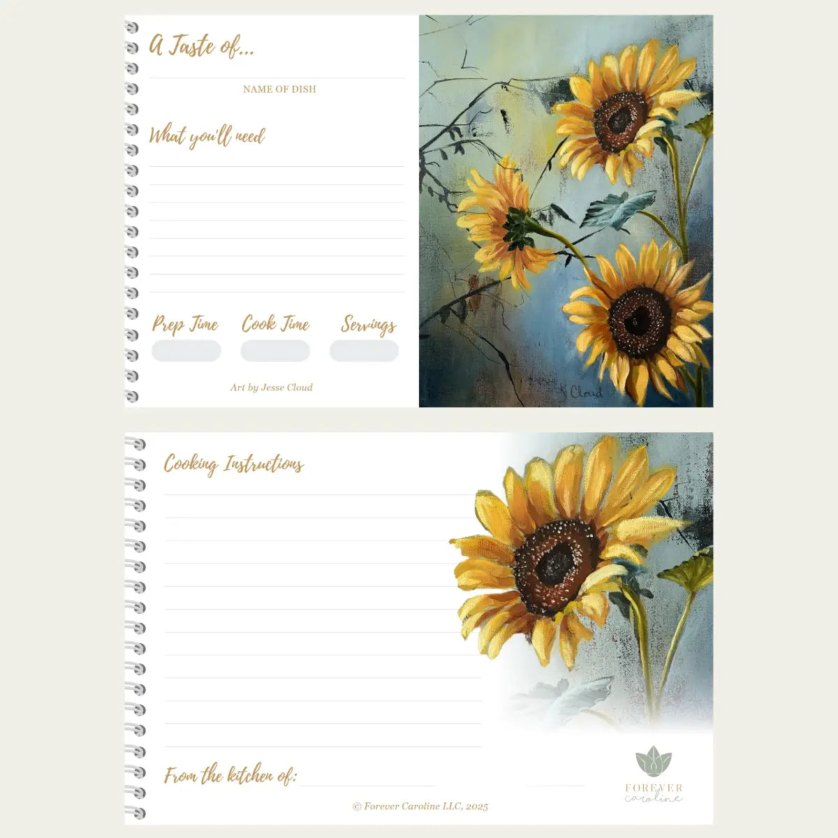 Sunflower Recipe Card Set – 8 Blank Cards, Farmhouse Kitchen Design, Made in the USA