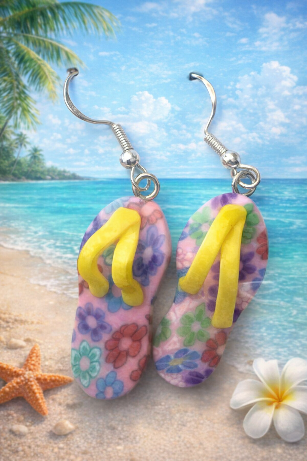 Pink Floral Flip Flop Earrings – Lightweight Summer Beach Dangle Earrings with Hypoallergenic Hooks