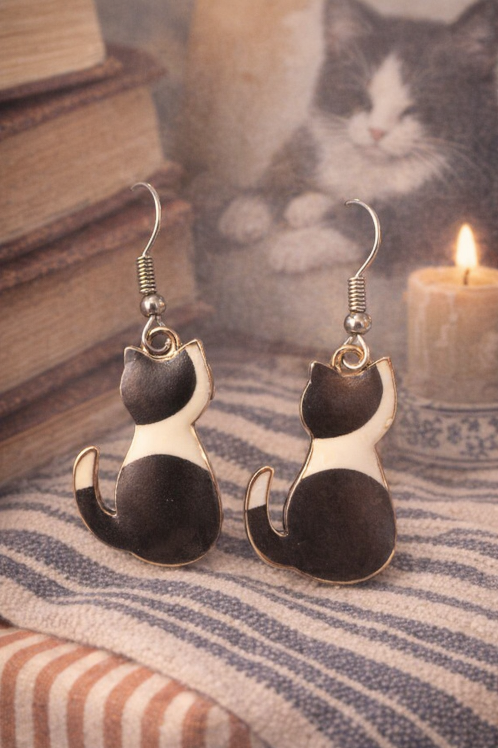 Tuxedo Cat Earrings – Black & White Cat Dangle Earrings with Hypoallergenic Hooks, Gift for Cat Lovers