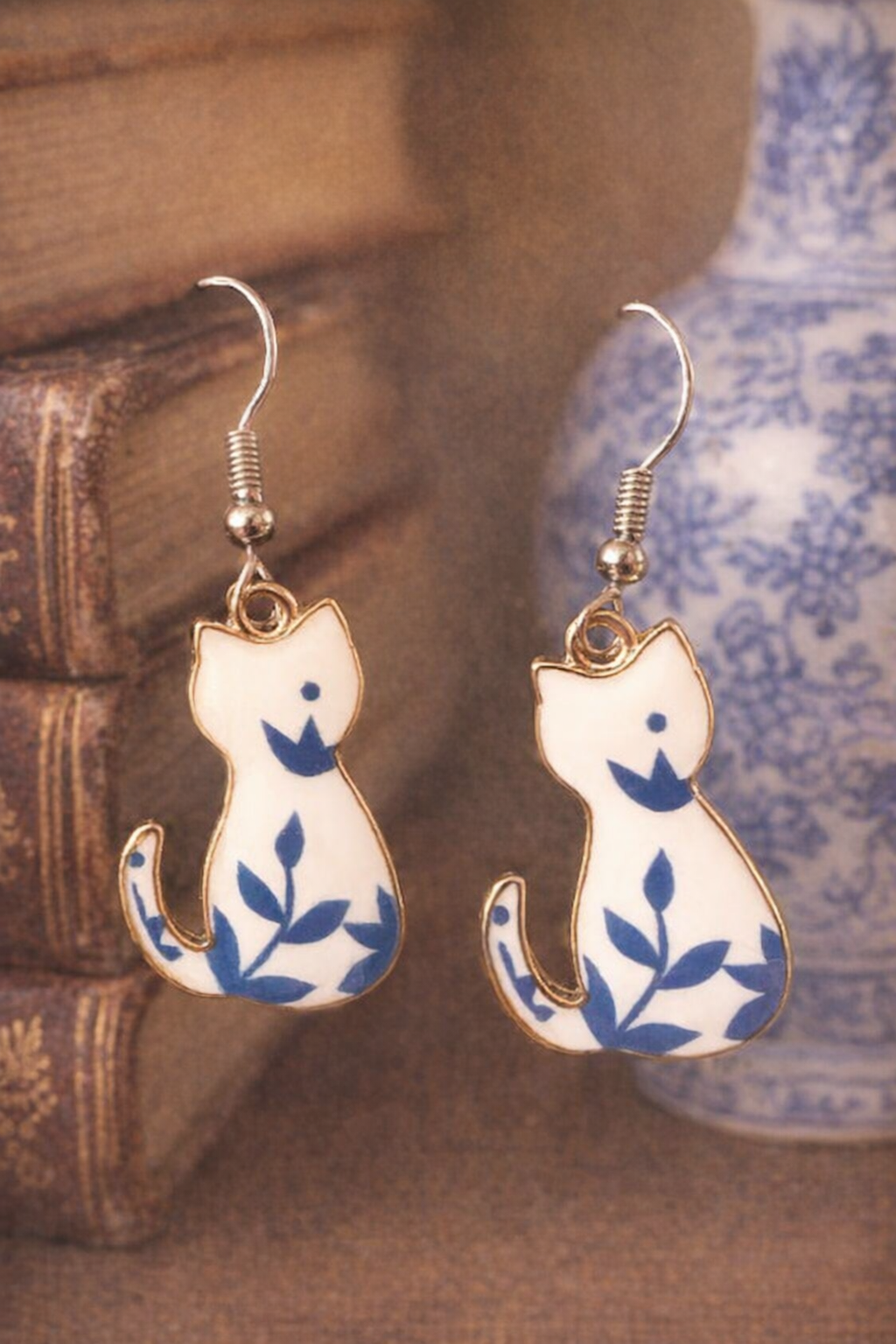Blue Floral Cat Earrings – Lightweight Hypoallergenic Dangle Earrings, Cute Gift for Cat Lovers