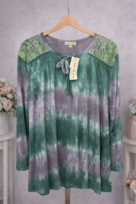 Yak & Yeti Green & Gray Tie‑Dye Lace Top – Soft Viscose Long Sleeve Boho Pullover