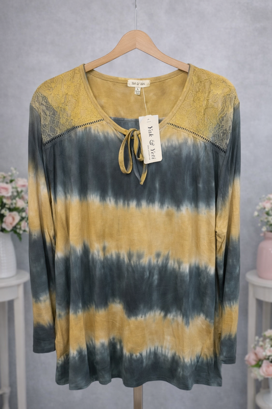 Yak & Yeti Mustard & Gray Tie‑Dye Lace Top – Soft Viscose Long Sleeve Boho Pullover