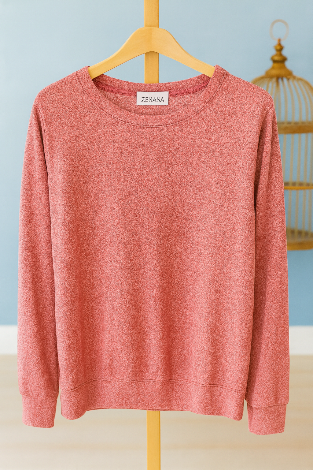 Zenana Coral Long‑Sleeve Crewneck Sweater – Soft Textured Knit • Size Small