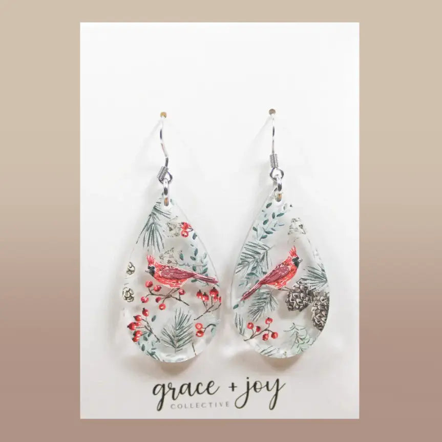 Winter Cardinal Acrylic Teardrop Earrings | Hypoallergenic Stainless Steel