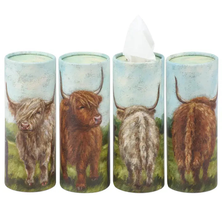 Highland Cow Car Tissue Tube Set – 4 Pack, Cup‑Holder Size (50 Tissues Each)