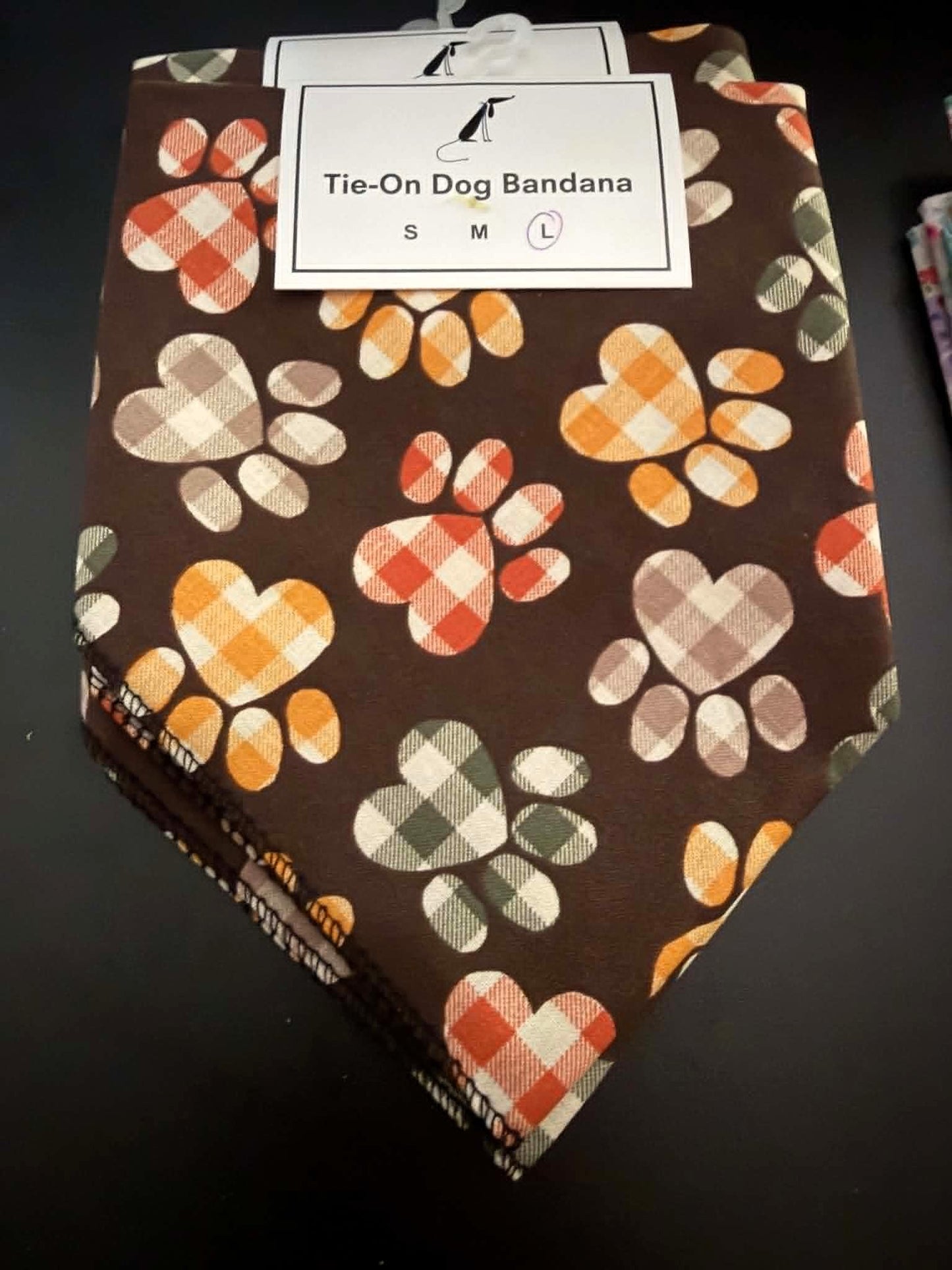 Dog Bandana – Brown Plaid Heart Paw Print Tie‑On Pet Bandana (Large)
