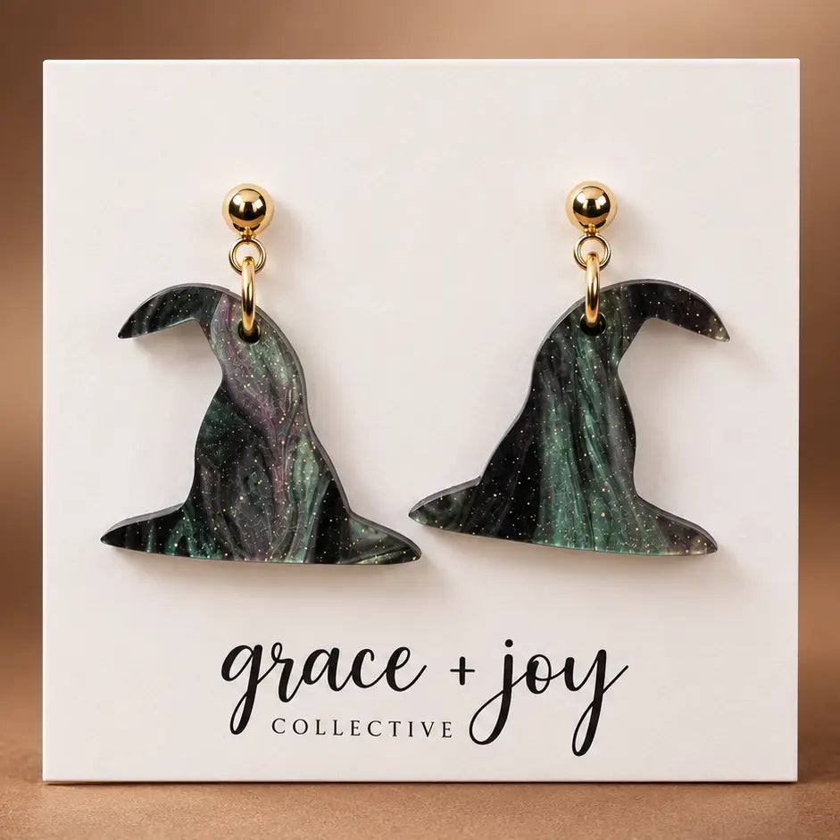 Pink & Green Witch Hat Acrylic Dangle Earrings | Hypoallergenic Stainless Steel