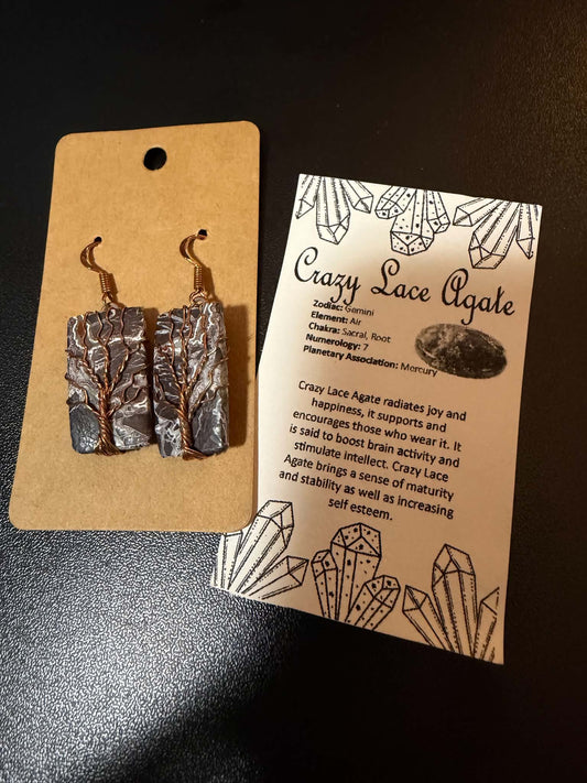 Crazy Lace Agate Tree of Life Dangle Earrings