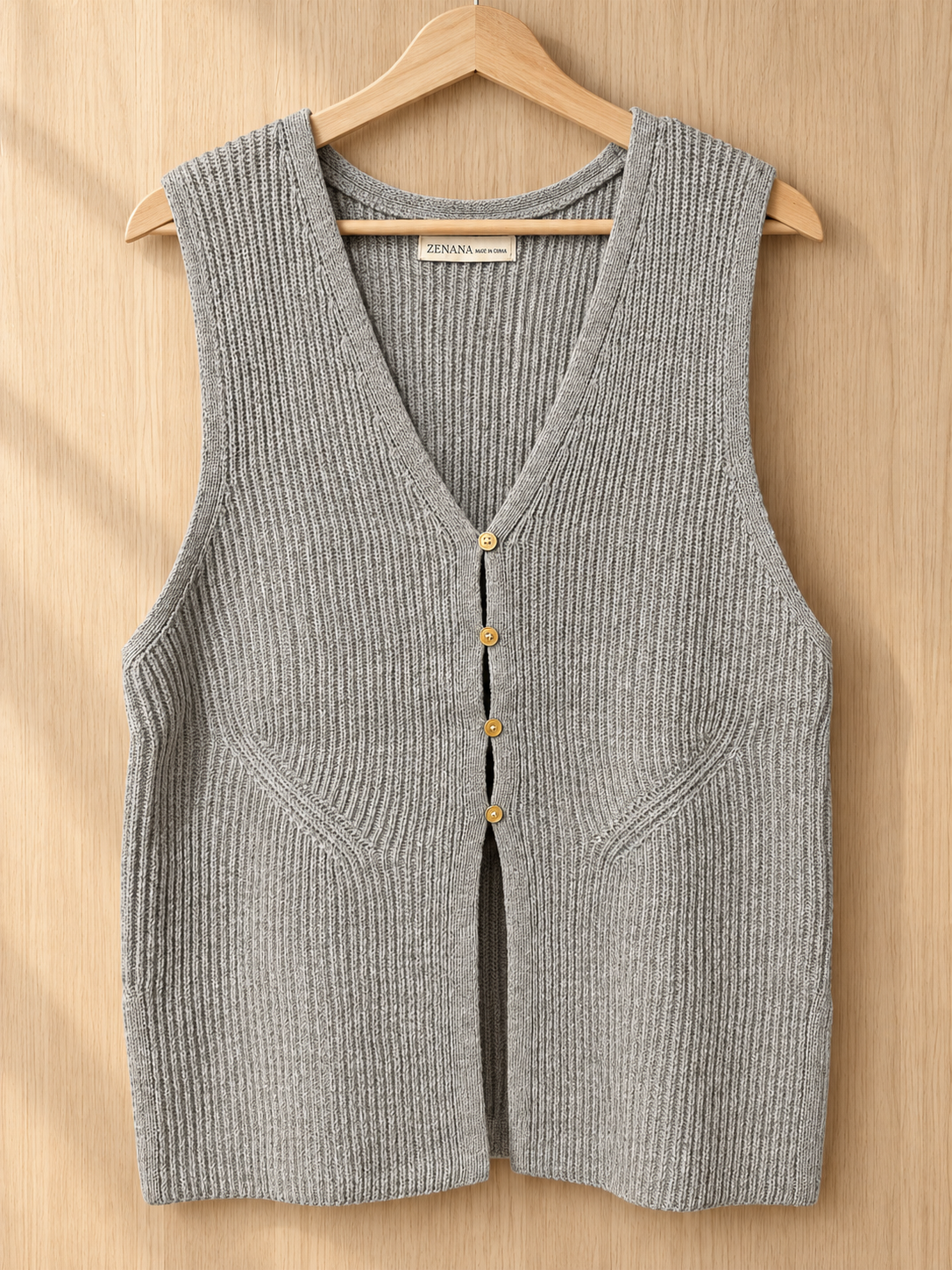 Zenana Women’s Gray Ribbed Button-Front Sweater Vest – Large