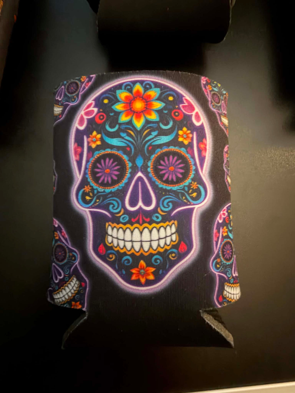 Let’s Fiesta Sugar Skull Drink Koozie – Colorful Front & Back Design